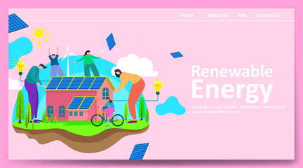 Green renewable energy concept with people or family parent kid. Boy girl are happy life on earth with clean energy from solar panels and wind generators, walking, playing, cycling in city. - Vector