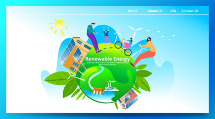 Obraz premium Green renewable energy with people or family parent kid. Boy girl are happy life on earth globe with clean energy from solar panels and wind generators, walking, playing, cycling in city. - Vector