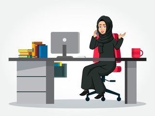 Arabic Businesswoman cartoon Character in traditional clothes sitting at her desk, speaking on smartphone and gesturing hand isolated on white background