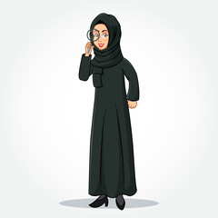 Arabic Businesswoman cartoon Character in traditional clothes holding a magnifying glass isolated on white background