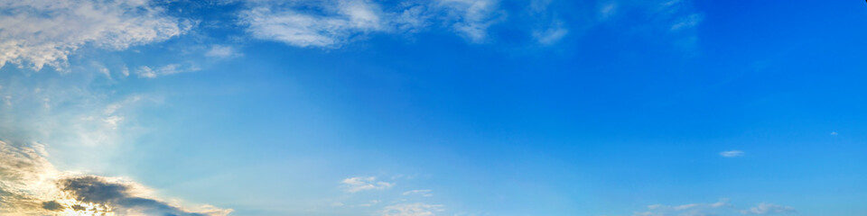Panorama sky with cloud on a sunny day. Beautiful cirrus cloud. Panoramic image.