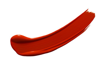 Lipstick smear smudge swatch isolated on white background. Liquid makeup texture. Red color cosmetic product brush stroke sample