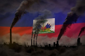 heavy smoke of factory pipes on Haiti flag - global warming concept, background with space for your logo - industrial 3D illustration