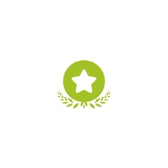 Valid Seal icon. Green circle with leaves laurel and star. Isolated on white. ecology medal, eco friendly sticker icon.
