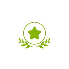Valid Seal icon. Green circle with leaves laurel and star. Isolated on white. ecology medal, eco friendly sticker icon.