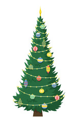 Tall beautiful Christmas tree with garland and Christmas tree toys. Christmas flat vector illustration.
