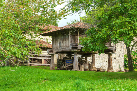 View of a meadow with wooden horreo to store grain in Asturias, Europe, Spain