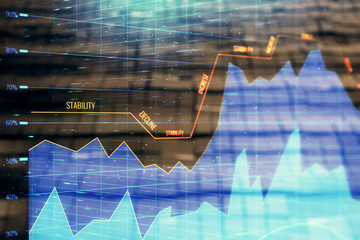 Financial chart hologram with abstract background. Double exposure. Concept of market analysis
