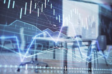 Business theme graph hologram with minimalistic cabinet interior background. Double exposure. Stock market concept.