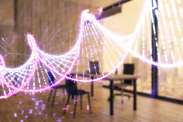 DNA hologram with minimalistic cabinet interior background. Double exposure. Education concept.