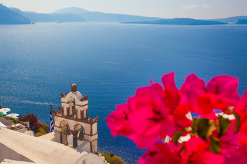 Beautiful view of famous romantic white town in Santorini Island, Greece