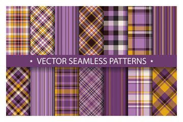 Set plaid pattern seamless. Tartan patterns fabric texture. Checkered geometric vector background. Scottish stripe blanket backdrop