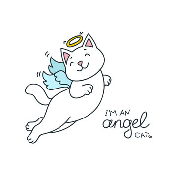 I'm an angel cat. Illustration of a cute white cat with angel wings. Vector 8 EPS.