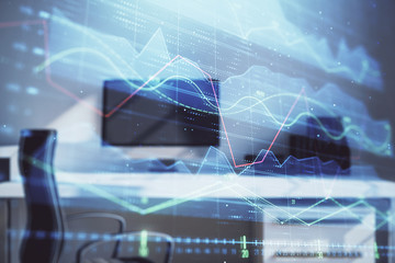 Stock market chart and desktop office computer background. Multi exposure. Concept of financial analysis.