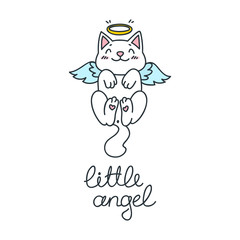 Little angel. Kawaii illustration of a flying cat with angel wings. Vector 8 EPS.