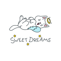 Sweet dreams. Kawaii illustration of a sleeping angel cat. Vector 8 EPS.