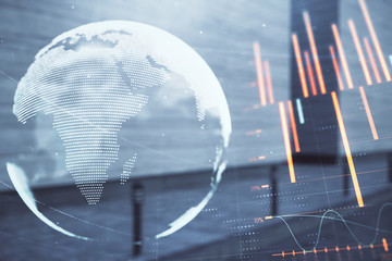 Double exposure of stock market graph and globe hologram on empty exterior background. Concept of analysis