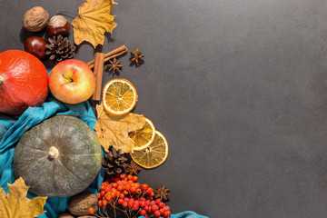 Dry yellow leaves, apples, nuts, pumpkins, spices, chestnuts and cones on the table. Autumn mood, copy space, flat lay.