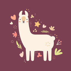 Cute lama. Vector cartoon illustration in flat design. Dark background isolated. Trendy style. Llama character with stars, hearts and plants. Template for kids game, book, card, t-shirt, textile.