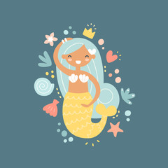 Happy, pretty mermaid. Vector cartoon template for kids game, book, t-shirt, textile, patches, pins, badges, stickers, cards. Illustration for girls. Flat design, isolated. Magic creature. 