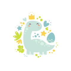 Funny, cute dinosaur. Vector cartoon illustration for kids game, book, t-shirt, textile, patches, pins, badges, stickers, cards. Isolated, flat design. Drawing for child. Magic creature