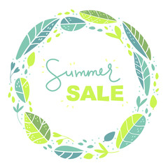 Round green frame. Plants, leafs. Flat design. Place for your text. Summer sale. White background isolated. Botany, leaves, floral
