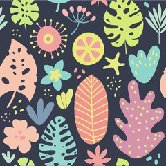 Vector tropical plants and flowers seamless pattern. Dark background isolated. Flat design, trendy. Cartoon nature. Summer background. 