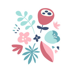 Nature decoration design element with flowers, leafs and plants. Flat design. Vector illustration