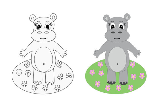 Coloring page with cartoon hippopotamus. Vector illustration.