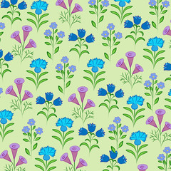  Flower texture. Image of multi-colored, decorative flowers on a pale green background. Vector illustration.