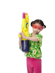 Young Asian girl with water gun on white background, Songkran Festival concept.