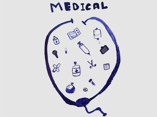 Drawing of cartoon medical set on white background.