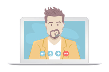 Video chatting online on laptop. Isolated on a white background