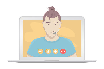 Video chatting online on laptop. Isolated on a white background