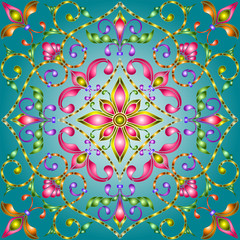 Illustration in stained glass style with abstract  swirls,flowers and leaves  on a blue background, square image