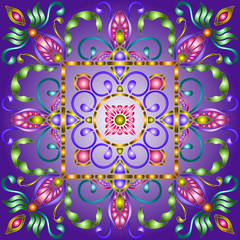 Illustration in stained glass style with abstract  swirls,flowers and leaves  on a blue background, square image