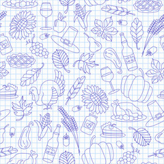 Seamless pattern for holiday Thanksgiving day, a simple hand-drawn blue  contour  icons on the clean writing-book sheet in a cage