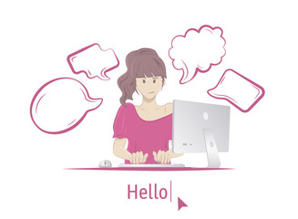 Woman sitting at table with computer. Isolated on a white background