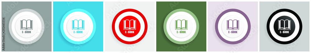 Poster e-book icon set, colorful flat design vector illustrations in 6 options for web design and mobile ap