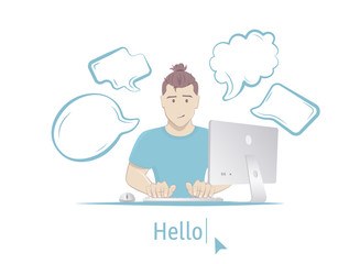 Boy sitting at table with computer. Isolated on a white background