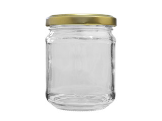 Empty glass jar closed with metal lid on white background