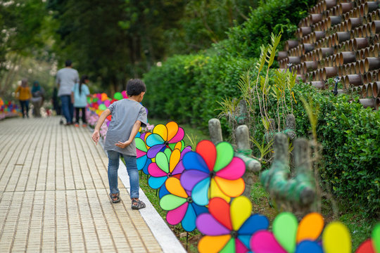 Colourful Rainbow Pinwheel In The Park.