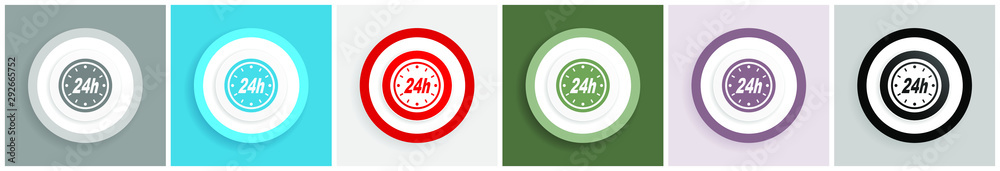 Poster 24h icon set, colorful flat design vector illustrations in 6 options for web design and mobile applications