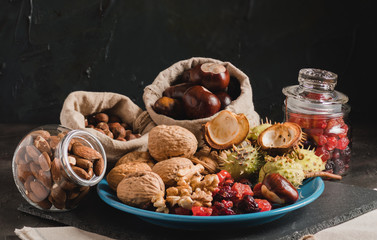 Dried autumn fruits and dehydrated red berries