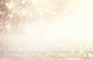 New Year Abstract background holiday, Gold and silver Fireworks and bokeh, copy space.