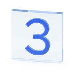 Clear transparent glass or plexiglass display with mathematical digit 3 or Three inside on white background, 3D rendered image