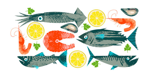 Seafood. Fish. Colorful vector illustration, a collection of images of different fish and shrimp with a unique hand drawn vector texture. - 292667154