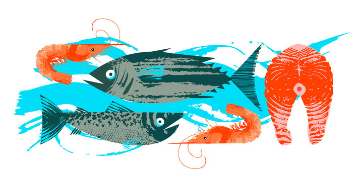Seafood. Fish. Colorful vector illustration, a collection of images of different fish and shrimp with a unique hand drawn vector texture.