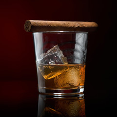 whiskey with ice cigar on a glass