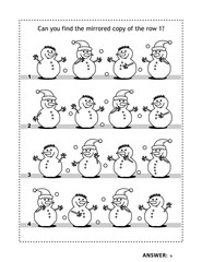 Winter holidays visual puzzle or picture riddle with snowmen: Can you spot the exact mirrored copy of the row 1? Answer included.